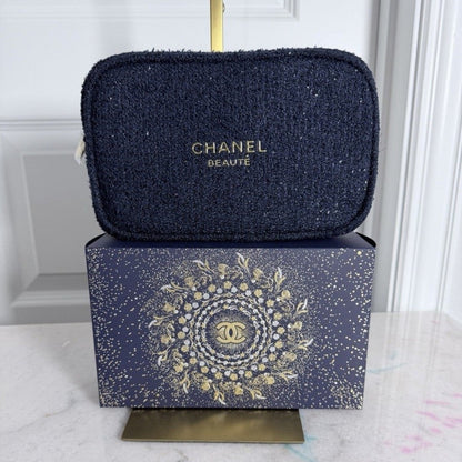 Chanel Beauty Cosmetic Luxury Navy Tweed Bag