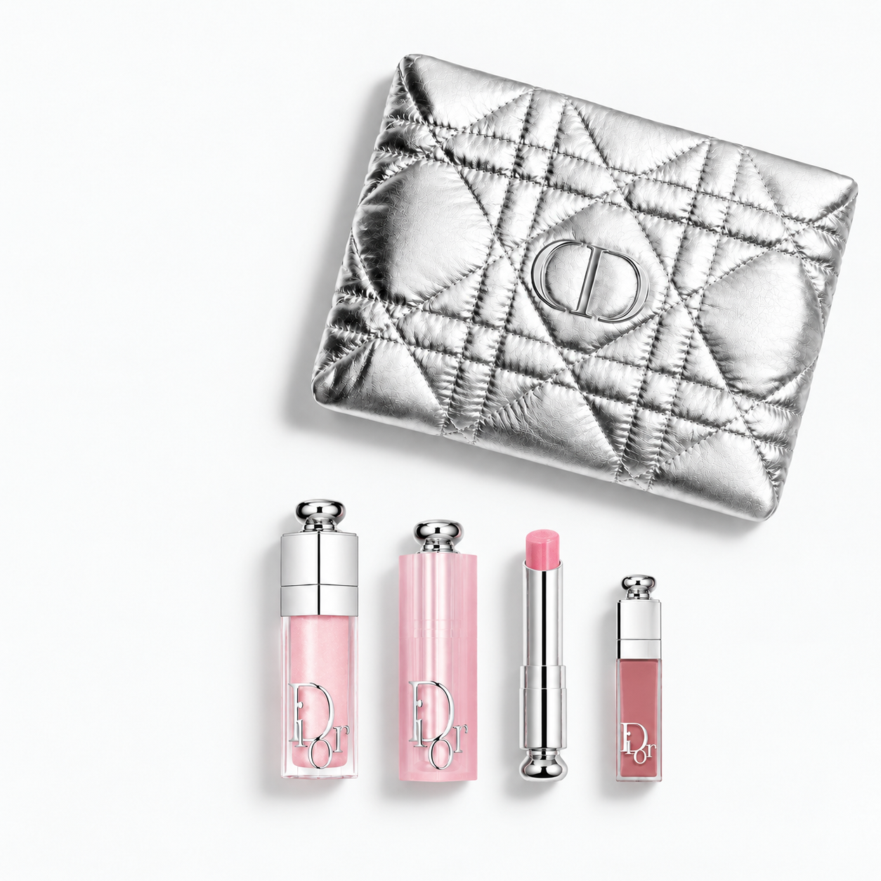 Dior Beauty Gift Set Silver Pouch,  Dior Addict Lip set 001 Pink and Shopping bag