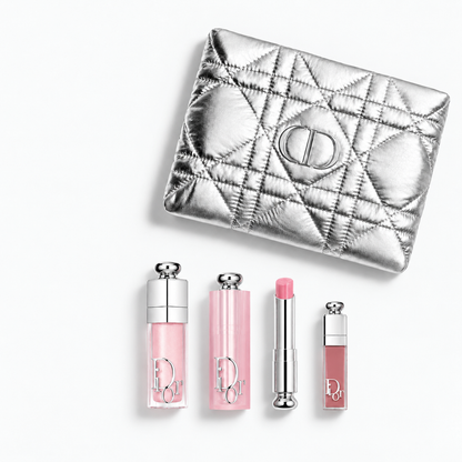 Dior Beauty Gift Set Silver Pouch,  Dior Addict Lip set 001 Pink and Shopping bag