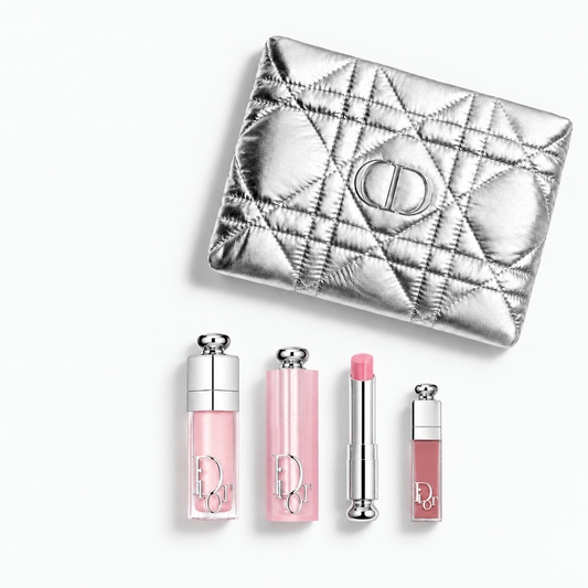Dior Beauty Gift Set Silver Pouch,  Dior Addict Lip set 001 Pink and Shopping bag