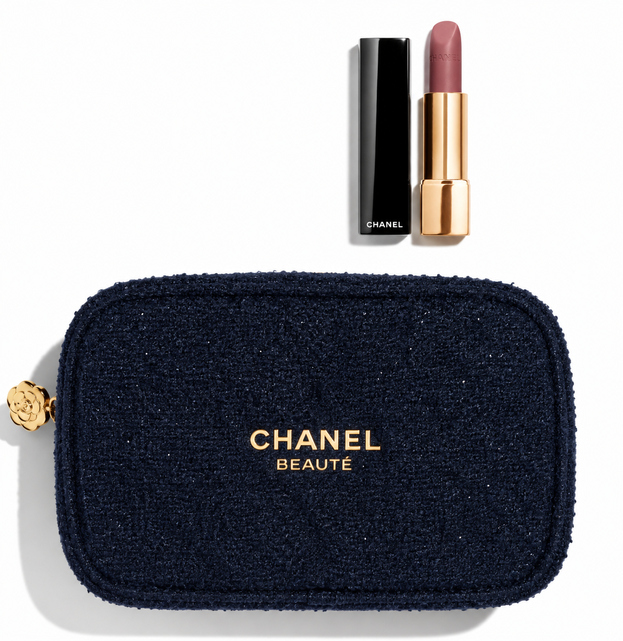 Chanel Beauty Cosmetic Navy Tweed Bag with Velvet Luminous Matte Lip Colour (488 - PREMIER PAS)