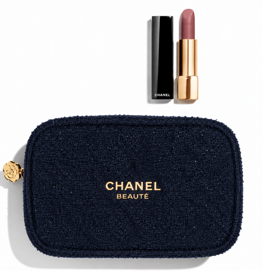 Chanel Beauty Cosmetic Navy Tweed Bag with Velvet Luminous Matte Lip Colour (488 - PREMIER PAS)