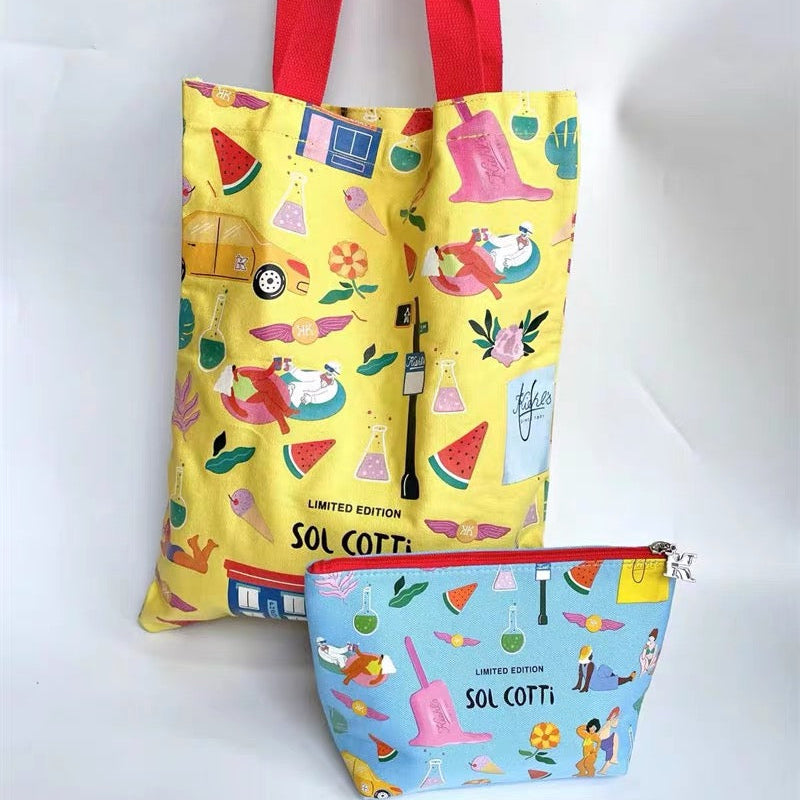 Kiehl's yellow character pattern canvas bag with cosmetic bag