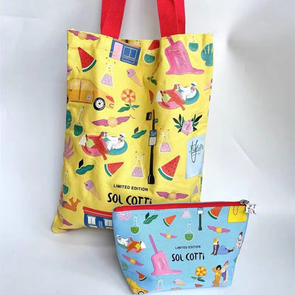 Kiehl's yellow character pattern canvas bag with cosmetic bag