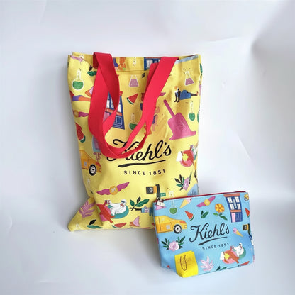 Kiehl's yellow character pattern canvas bag with cosmetic bag