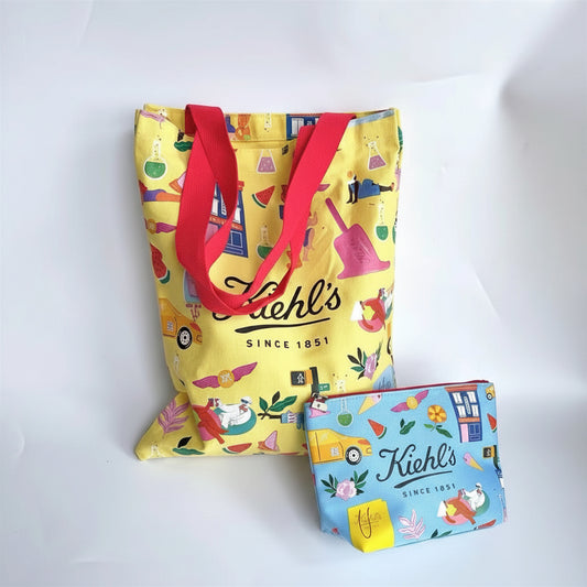 Kiehl's yellow character pattern canvas bag with cosmetic bag