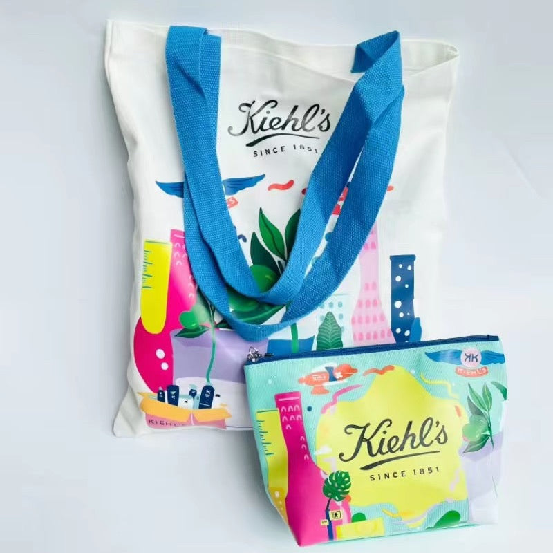 Kiehl's character pattern canvas bag with cosmetic bag
