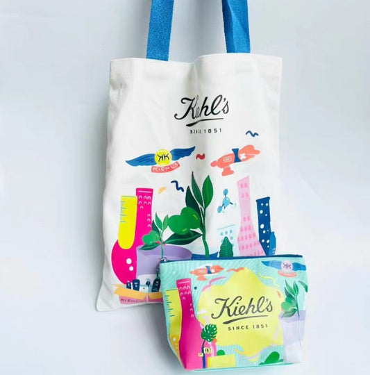Kiehl's character pattern canvas bag with cosmetic bag
