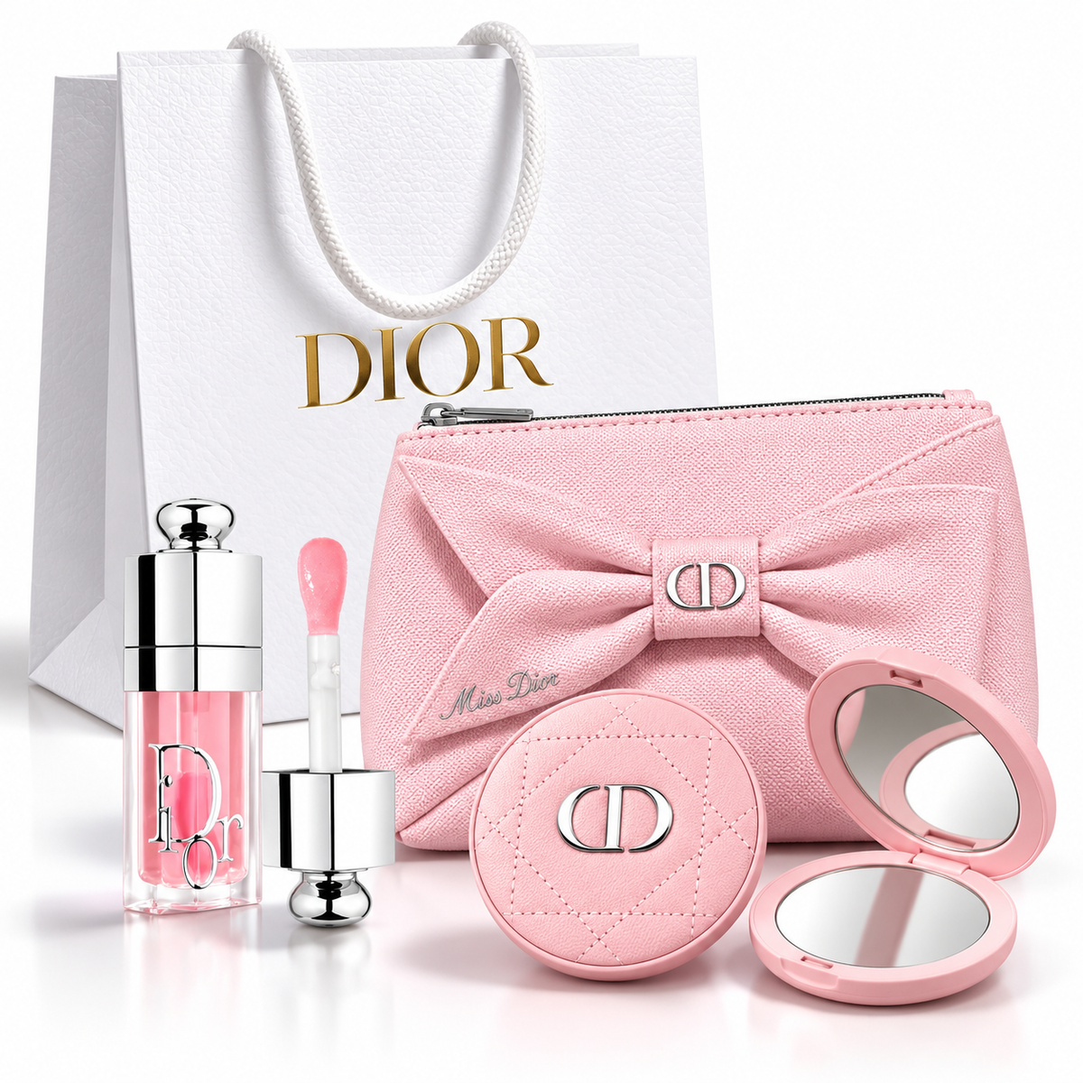 Dior Beauty  Pink Ribbon Pouch NEW 2026 with Lip Glow Oil 001, Leather Mirror and Gift Shopping bag