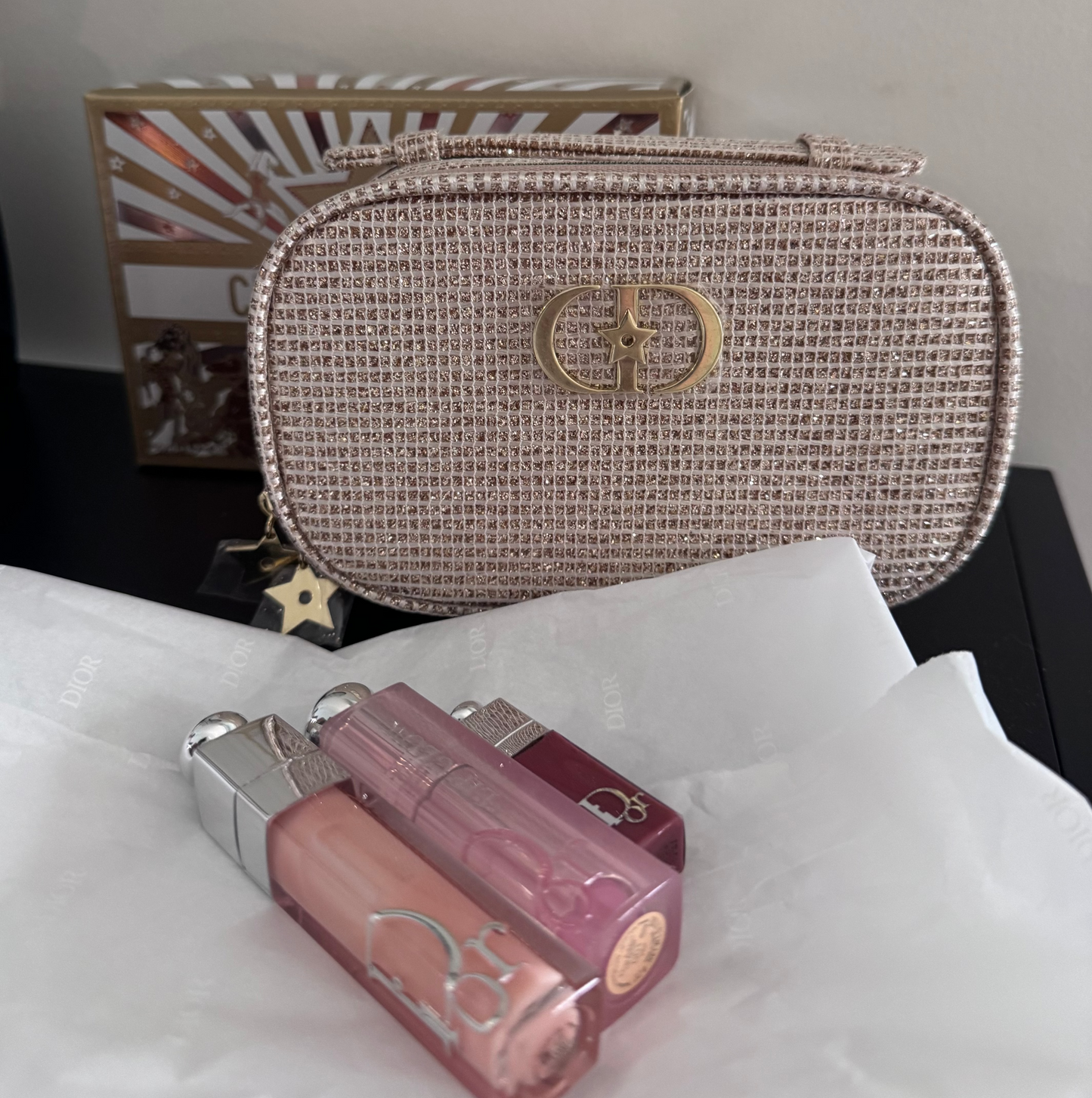 Dior Gold Mesh Pouch + Gloss Set with Shopping Bag