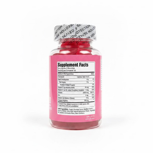 A hand holding a bottle of gummies, showing the Supplement Facts label on a pink background. The bottle has a white and blue seal on the cap and a pink label.