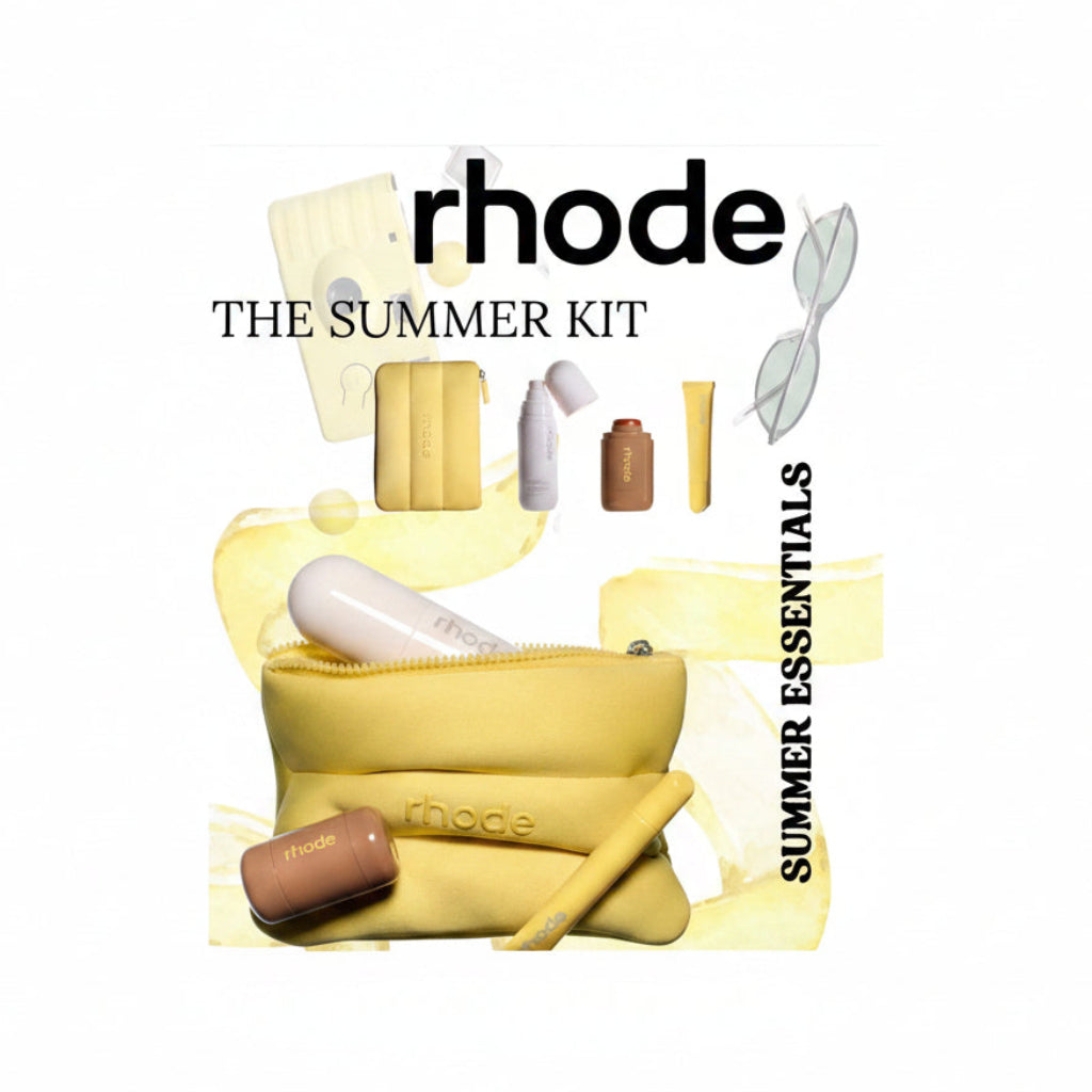 Collection of summer essentials including a yellow pouch, sunglasses, and other items with 'rhode' branding on a light yellow background.