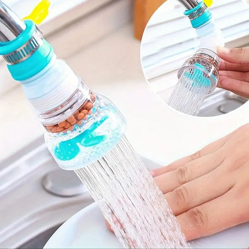 Shower head with water flowing and close-up of hand holding shower head over sink.