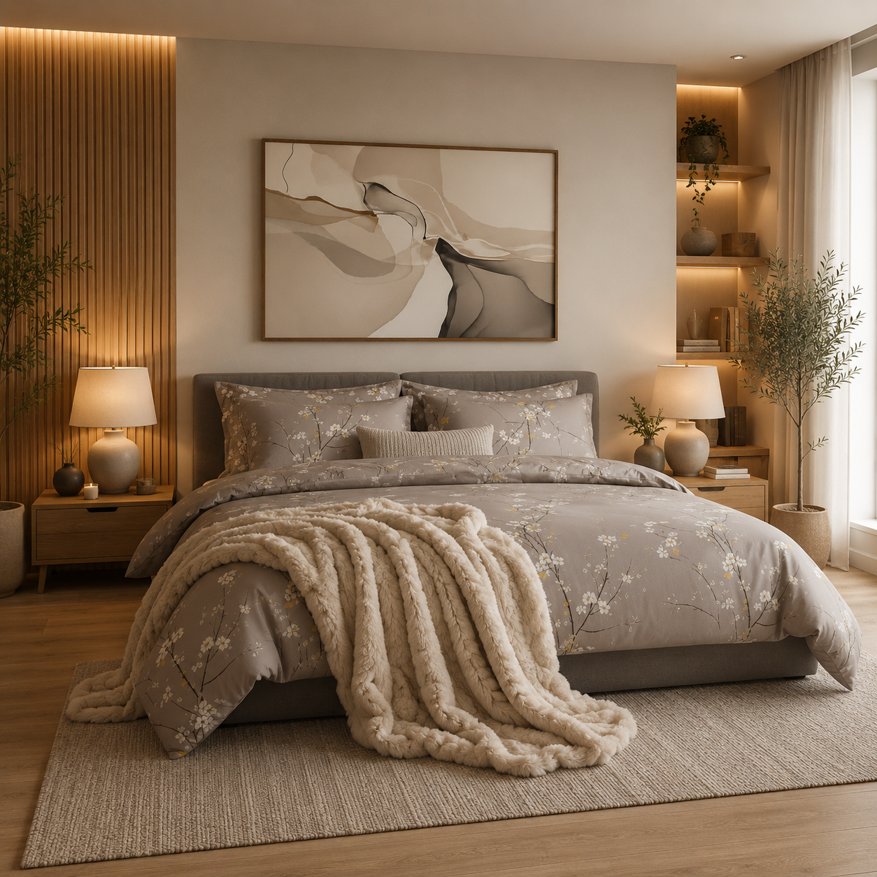 Neatly made bed with floral bedding in a modern bedroom setting.