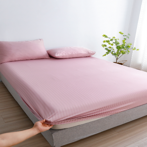 Single Size 3 Piece Set, Bedsheet with 2 Pillow Cases, Light Old Rose Color, Satin Striped Design.