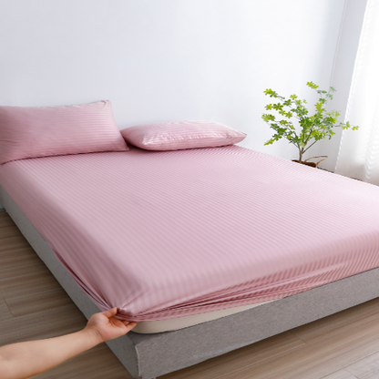 Single Size 3 Piece Set, Bedsheet with 2 Pillow Cases, Light Old Rose Color, Satin Striped Design.
