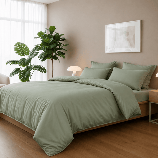 Bamboo Satin King Size 6 Pieces Duvet Cover set, Matte Green color. - BusDeals