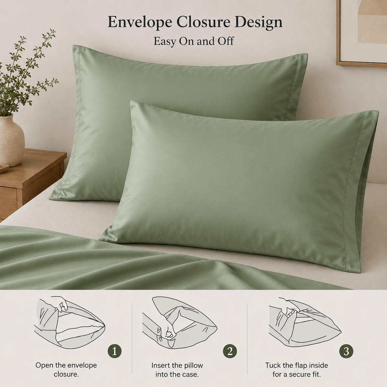 Bamboo Satin King Size 6 Pieces Duvet Cover set, Matte Green color. - BusDeals