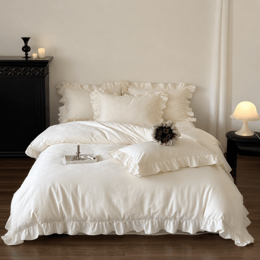 Bamboo Satin King size 6 pieces Ruffle Duvet Cover Set, White Color - BusDeals
