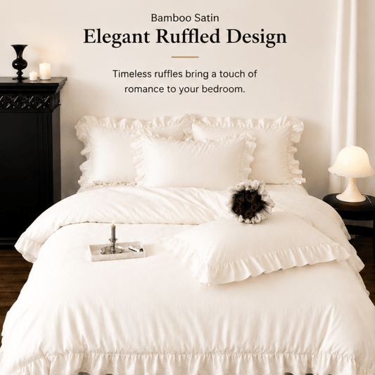 Bamboo Satin King size 6 pieces Ruffle Duvet Cover Set, White Color - BusDeals