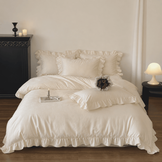 Bamboo Satin Queen size 6 pieces Ruffle Duvet Cover Set, Cream Color - BusDeals