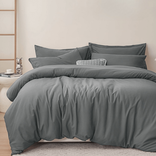 Basic Single Set of 4 Pieces, Luna Home Premium Quality Duvet Cover Set. Dark Gray color. - BusDeals