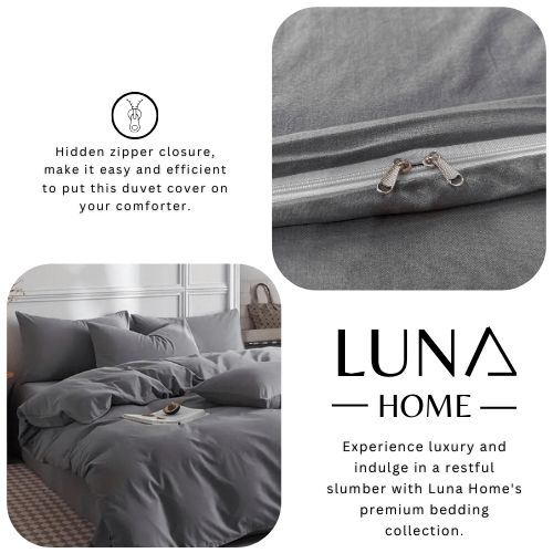 Basic Single Set of 4 Pieces, Luna Home Premium Quality Duvet Cover Set. Dark Gray color. - BusDeals