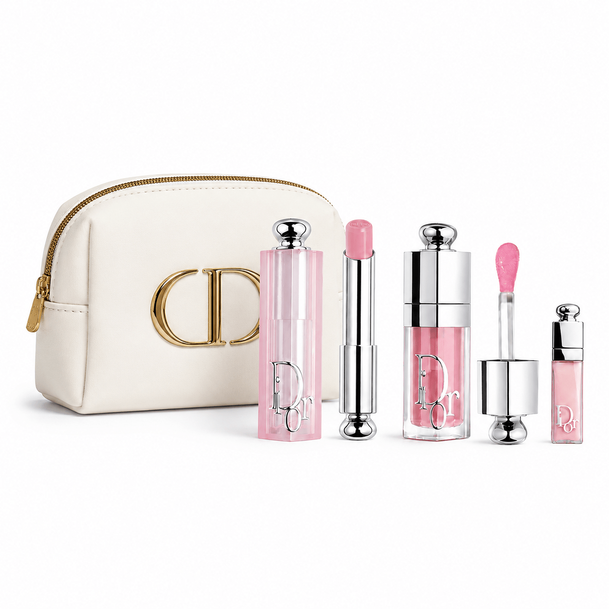 Beauty Gift Set Pouch Case Gold Logo with Lip Glow (001 Pink) set and Gift Shopping bag - BusDeals