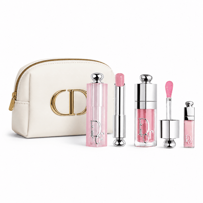 Beauty Gift Set Pouch Case Gold Logo with Lip Glow (001 Pink) set and Gift Shopping bag - BusDeals
