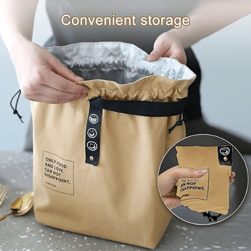 Canvas Insulated Lunch Bag with Drawstring Closure, Wide-Open Foldable and Lightweight Lunch Tote Bag, Cooler Tote Bag for Work Office Picnic,Beige - BusDeals
