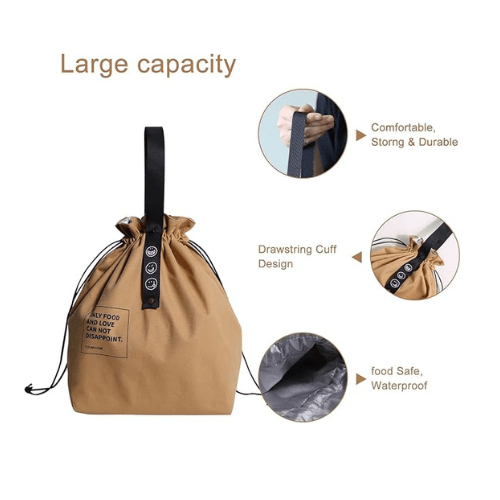 Canvas Insulated Lunch Bag with Drawstring Closure, Wide-Open Foldable and Lightweight Lunch Tote Bag, Cooler Tote Bag for Work Office Picnic,Beige - BusDeals