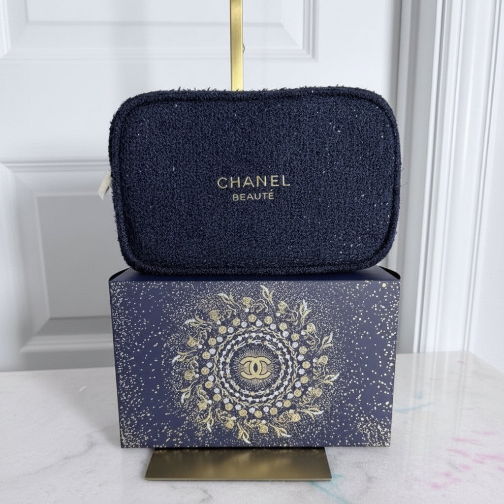Chanel Beauty Cosmetic Luxury Navy Tweed Bag - BusDeals