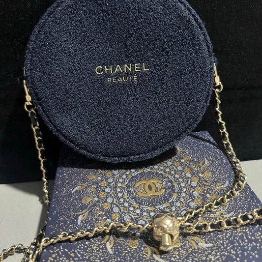 Chanel Beauty Transformed Cosmetic Luxury Round Navy Tweed Crossbody Bag - BusDeals