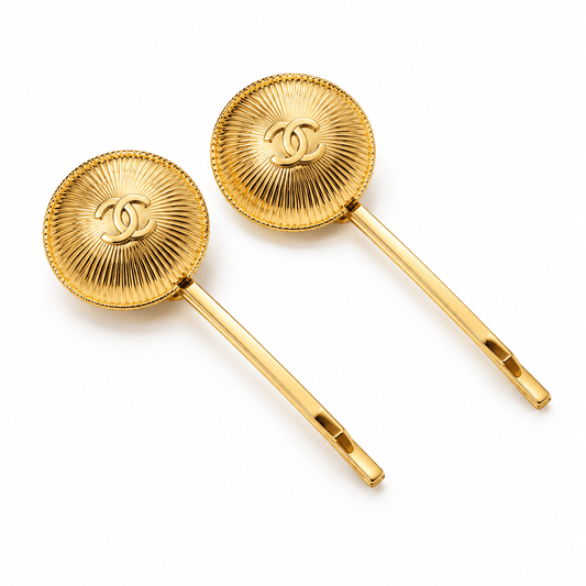 CHANEL New Ss26 Fashion, Gold Metal Hair Clips With Embossed Logo (Set Of 2) - BusDeals