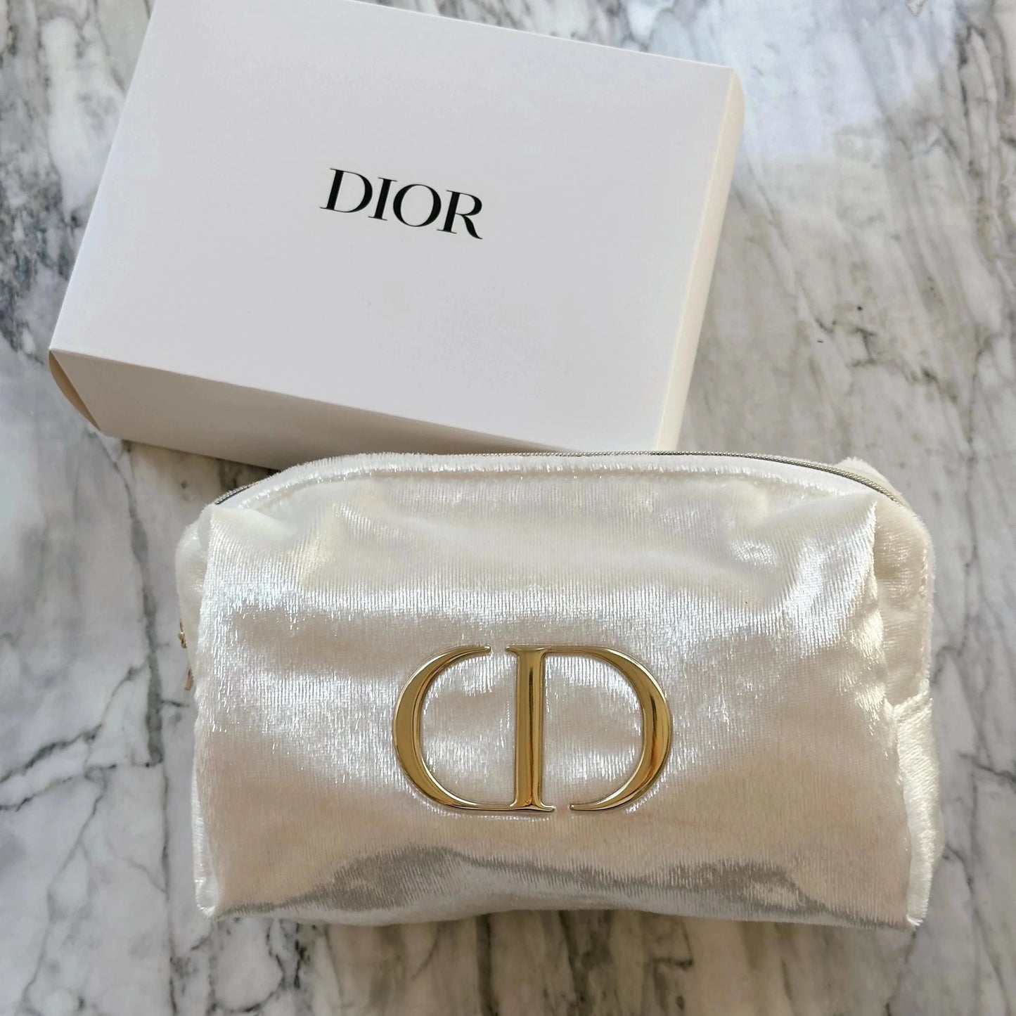 Christian Dior Small Shiny Glitter Velvet Cosmetic Makeup Toiletry Pouch Bag Cream - BusDeals