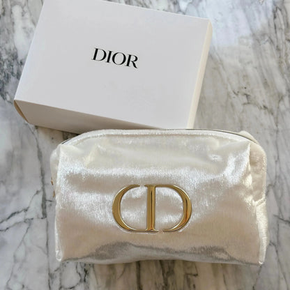 Christian Dior Small Shiny Glitter Velvet Cosmetic Makeup Toiletry Pouch Bag Cream - BusDeals