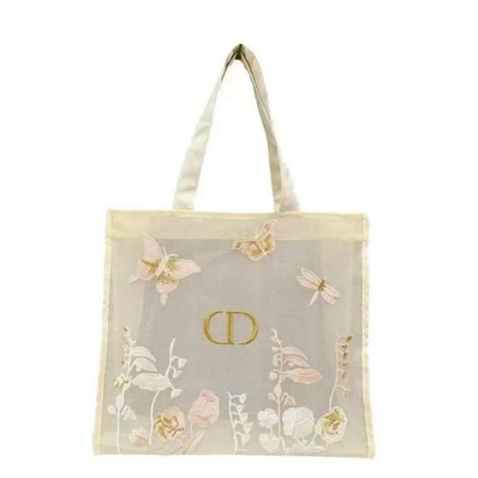 Dior Beauty Beige Mesh Embroidery Butterfly Gift Tote Bag - BusDeals