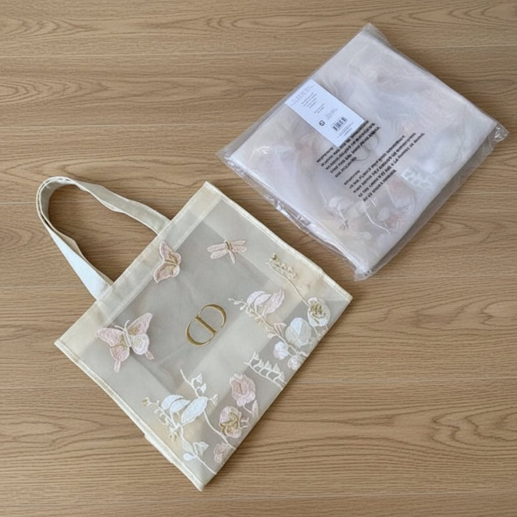Dior Beauty Beige Mesh Embroidery Butterfly Gift Tote Bag - BusDeals