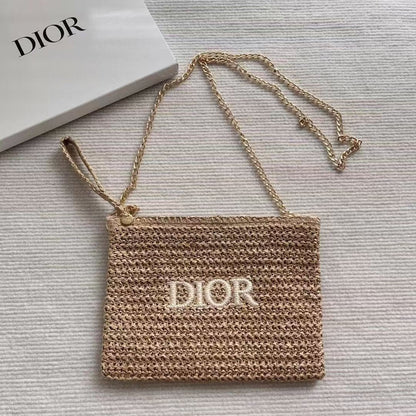 Dior Beauty Counter Gift Raffia Cosmetic Clutch Transformed to the Bag with Gold Chain - BusDeals