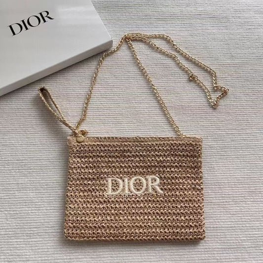 Dior Beauty Counter Gift Raffia Cosmetic Clutch Transformed to the Bag with Gold Chain - BusDeals