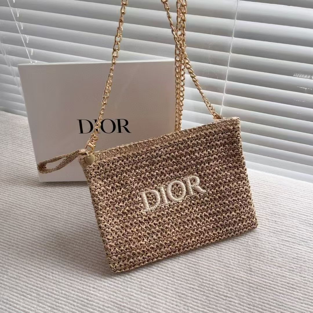 Dior Beauty Counter Gift Raffia Cosmetic Clutch Transformed to the Bag with Gold Chain - BusDeals
