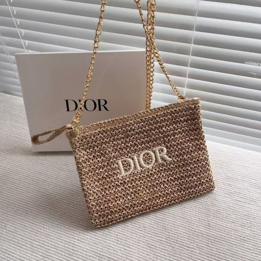 Dior Beauty Counter Gift Raffia Cosmetic Clutch Transformed to the Bag with Gold Chain - BusDeals