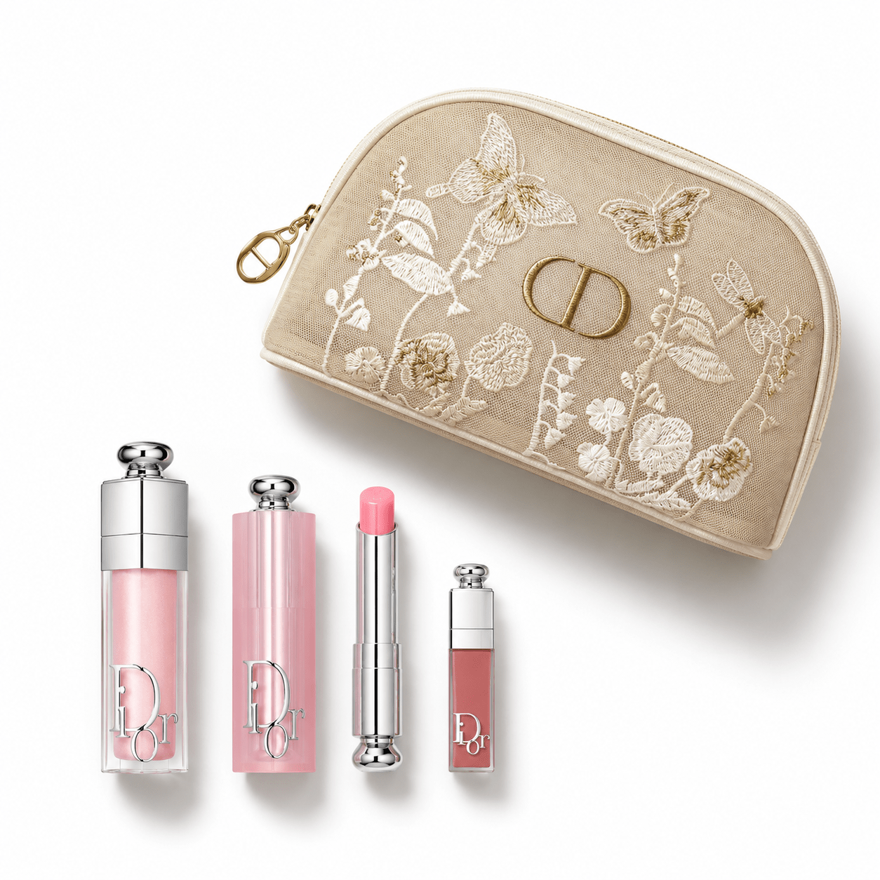 Dior Beauty Gift Set Embroidered Mesh Bag, Dior Addict Lip set 001 Pink with Gift Shopping bag - BusDeals