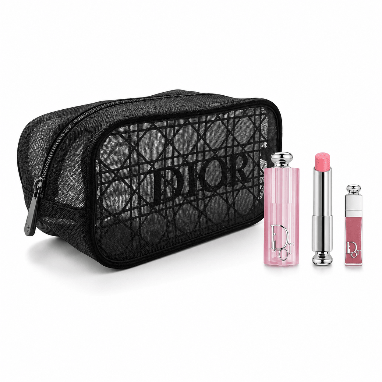 Dior Beauty Gift Set Mesh Cosmetic Pouch, Lip Glow Balm (001 Pink) and Mini Lip Glow 038 Rose Nude with Gift Shopping bag - BusDeals