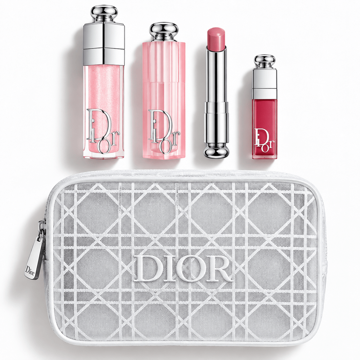 Dior Beauty Gift Set Mesh Cosmetic Pouch Snow White, Lip Glow Set (001 Pink) with Gift bag - BusDeals