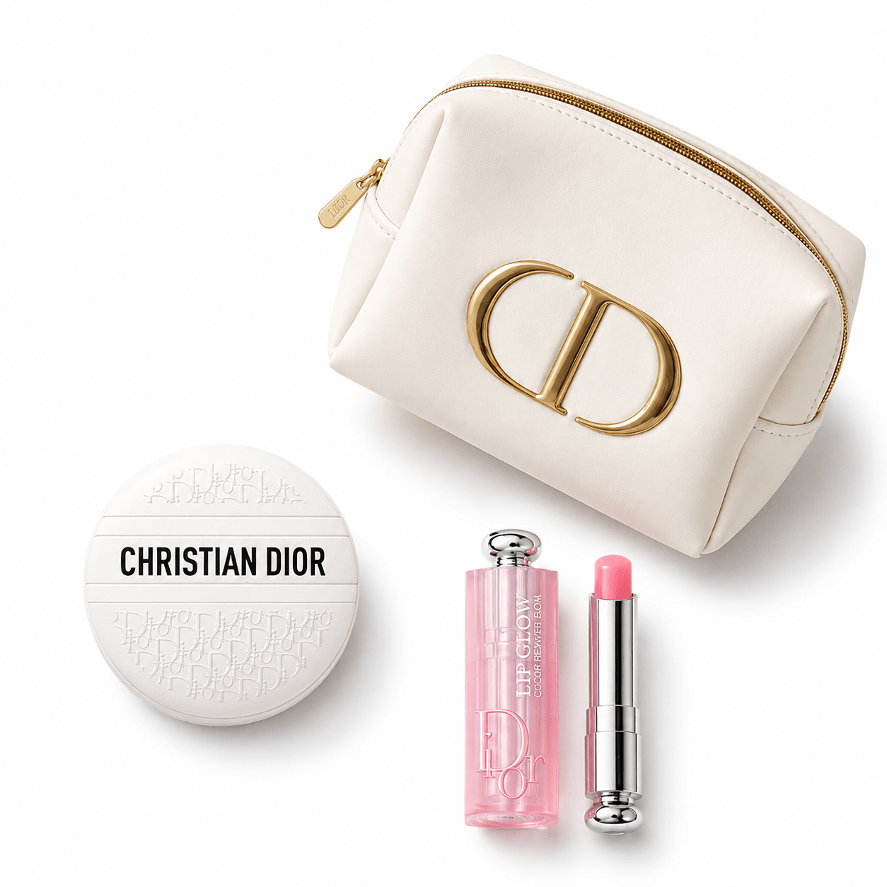 Dior Beauty Gift Set Pouch Case Gold Logo with Lip Glow (001 Pink) and Balm Le Baume with Gift Shopping bag - BusDeals