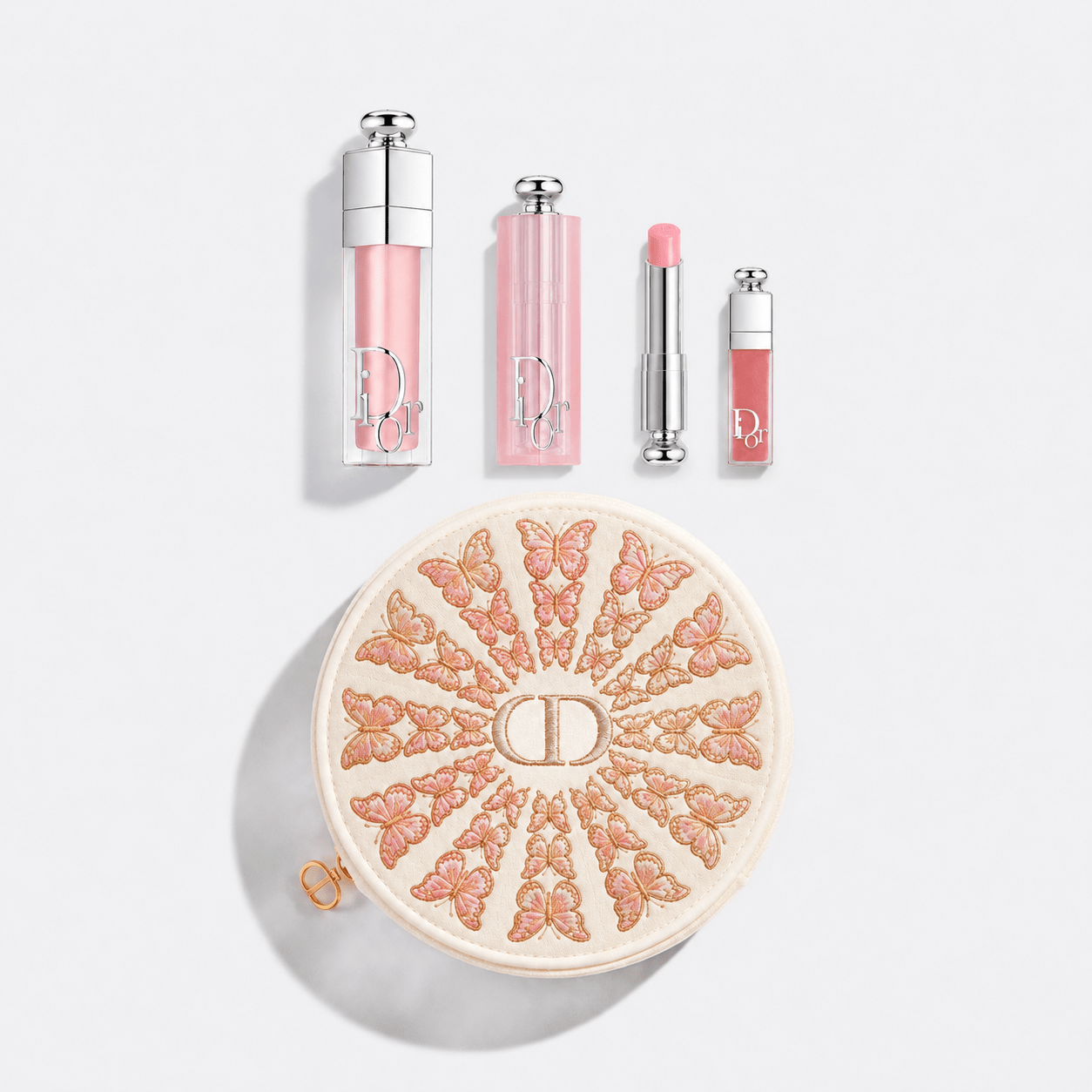 Dior Beauty Gift Set Round Flora Embroidered Mesh pouch with 3 Pieces (001 Pink) with Gift Shopping bag - BusDeals