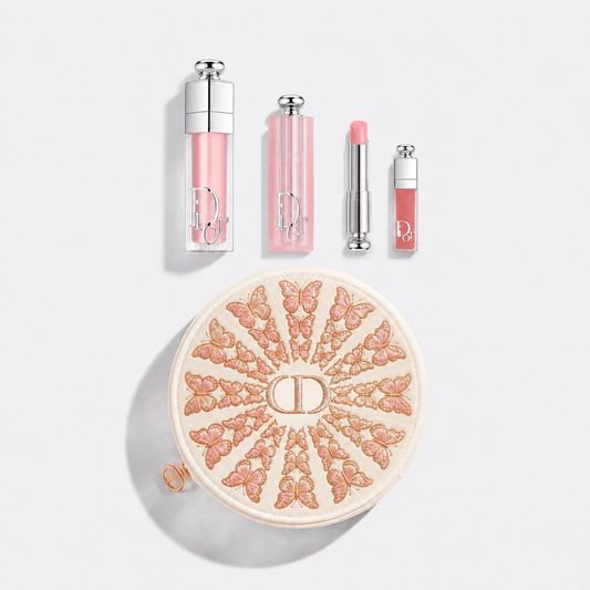 Dior Beauty Gift Set Round Flora Embroidered Mesh pouch with 3 Pieces (001 Pink) with Gift Shopping bag - BusDeals
