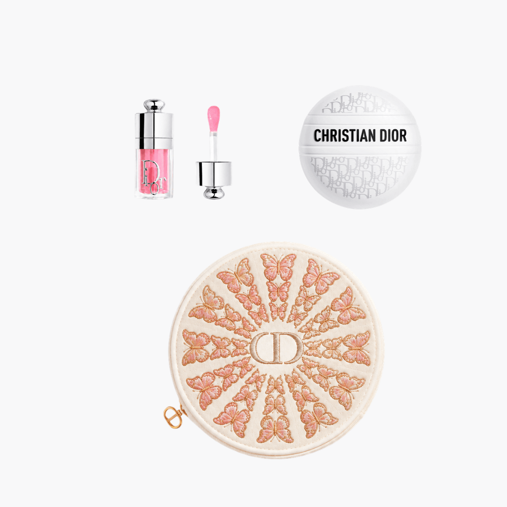 Dior Beauty Gift Set Round Flora Embroidered Mesh pouch with Lip Glow Oil (001 Pink) and Balm Le Baume with Shopping bag - BusDeals