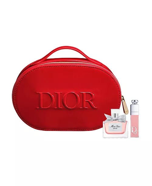 Dior Beauty Gift Set Vanity Pouch Red, Mini Miss Dior Blooming Bouquet 5ml, and Dior Addict Lip Maximizer Plumping Gloss 001 Pink (6ml) with Gift Shopping bag - BusDeals